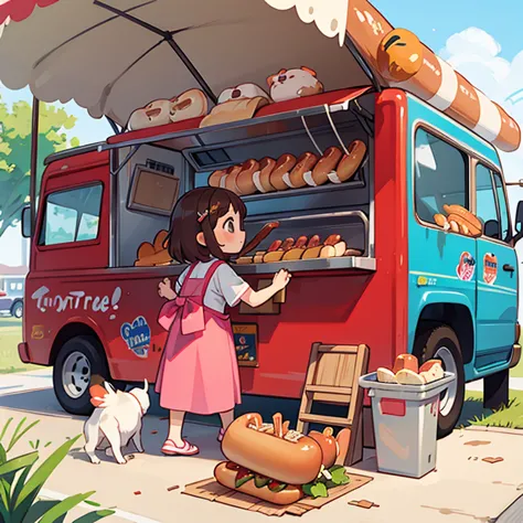 a girl making hot dogs in a food truck　there&#39;s a girl waiting with a coke