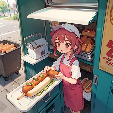 A girl making hot dogs in a food truck　There&#39;s a girl waiting with a coke　