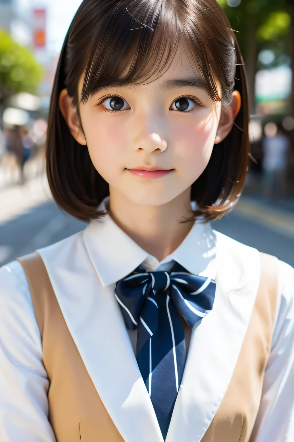 (Schöne 14-jährige Japanerin), niedliches Gesicht, (Tief gemeißeltes Gesicht:0.7), (Sommersprossen:0.6), Sanftes Licht,gesunde weiße Haut, schüchtern, (ernstes Gesicht), (leuchtende Augen), dünn, lächeln, Uniform