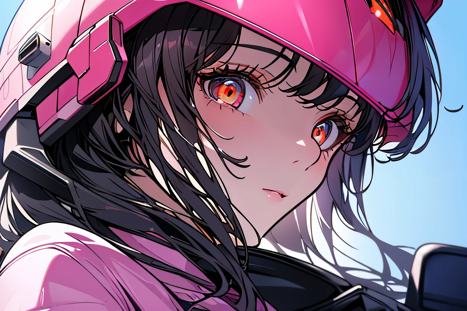 Highest image quality, outstanding details, ultra-high resolution, (realism: 1.4), the best illustration, favor details, highly condensed 1girl, with a delicate and beautiful face, wearing a pink mech, wearing a mecha helmet, holding a direction controller, riding on a motorcycle, the background is a high-tech lighting scene of the future city.