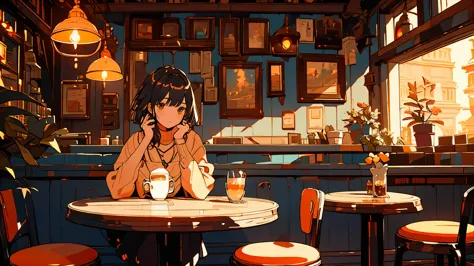 afternoon at a corner café, where a girl sits at a terrace table, engrossed in a book she holds in her hands. Surrounding her is...