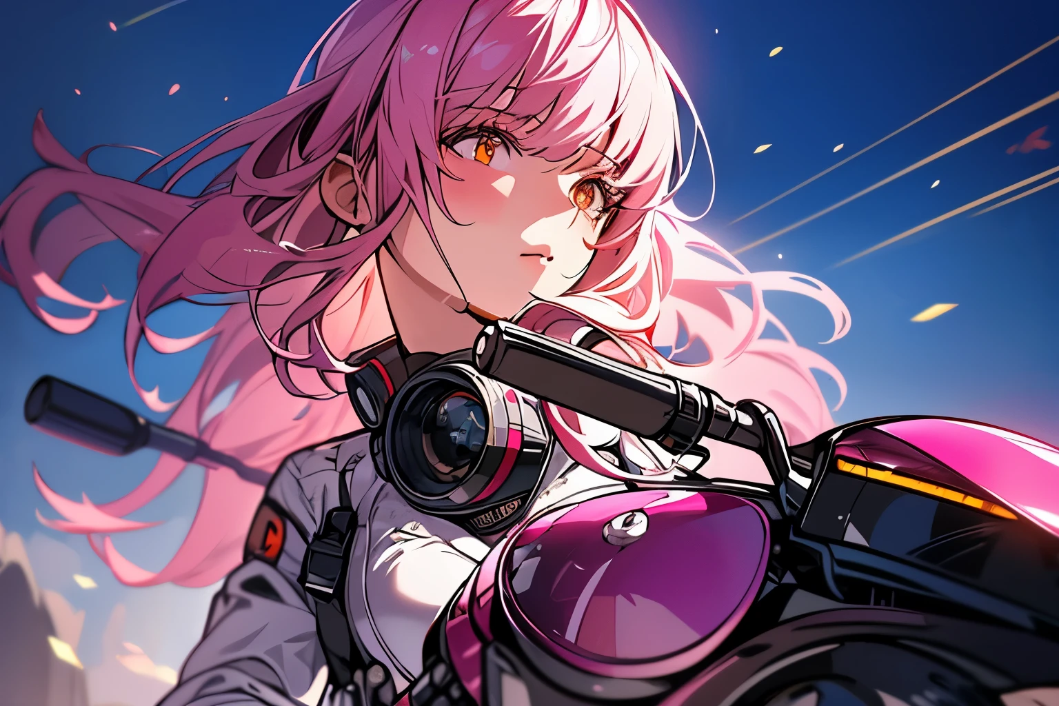 Highest image quality, outstanding details, ultra-high resolution, (realism: 1.4), the best illustration, favor details, highly condensed 1girl, with a delicate and beautiful face, wearing a pink mech, wearing a mecha helmet, holding a direction controller, riding on a motorcycle, the background is a high-tech lighting scene of the future city.