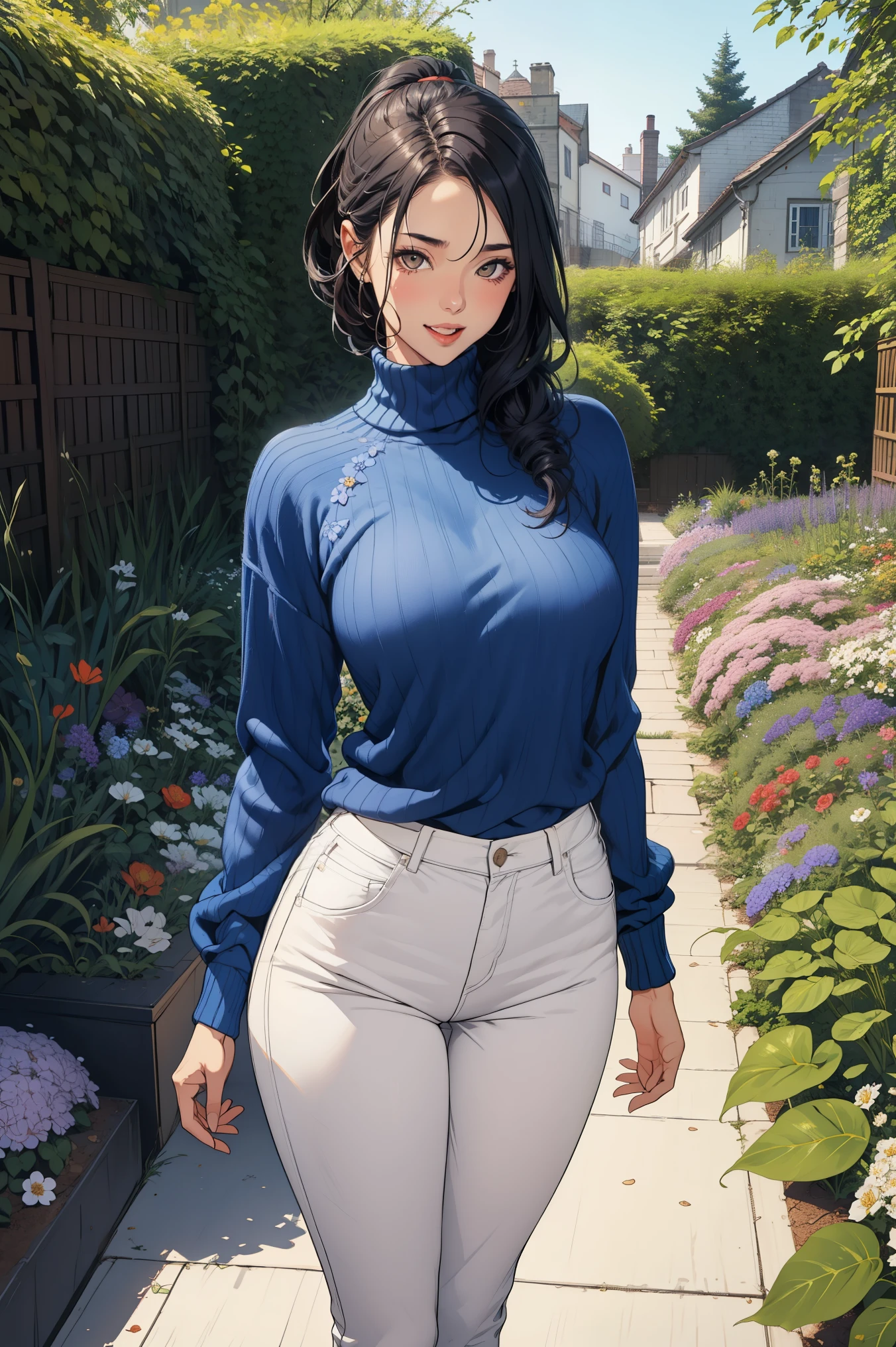 1 girl, black long hair ponytail, huge breast, wearing blue sweater turtle neck, white pants, smiling seductively, arm at the hips, standing , at the garden full of flower, front view, looking to the viewer,  mouth open wide, fullbody shot, 