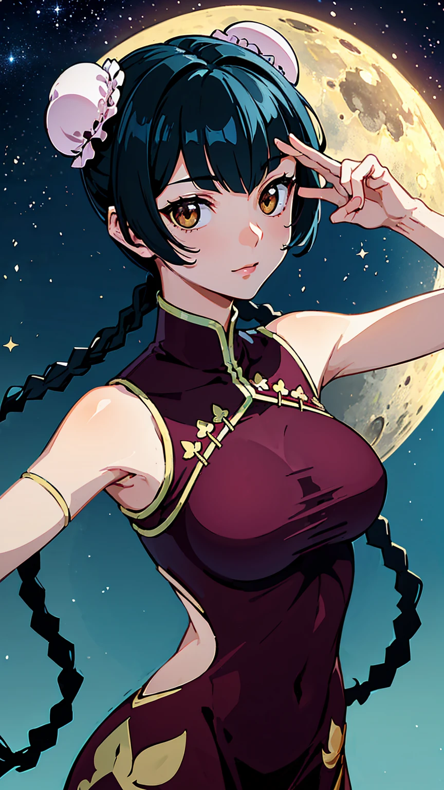 8K quality,(super masterpiece:1.3),highest quality,Detailed Images,1 female,symmetrical beauty,Wang Liumei,(Black Hair,With bangs,Bun and two braids),F cup breasts,Red Chinese Dress,(Fantastic night sky background,Star of the sky,full moon,shooting star),(Face directly towards the camera,Looking directly at the viewer,looking at the camera,The body faces the viewer,The body is facing the direction of the camera,Face looking straight into the camera).