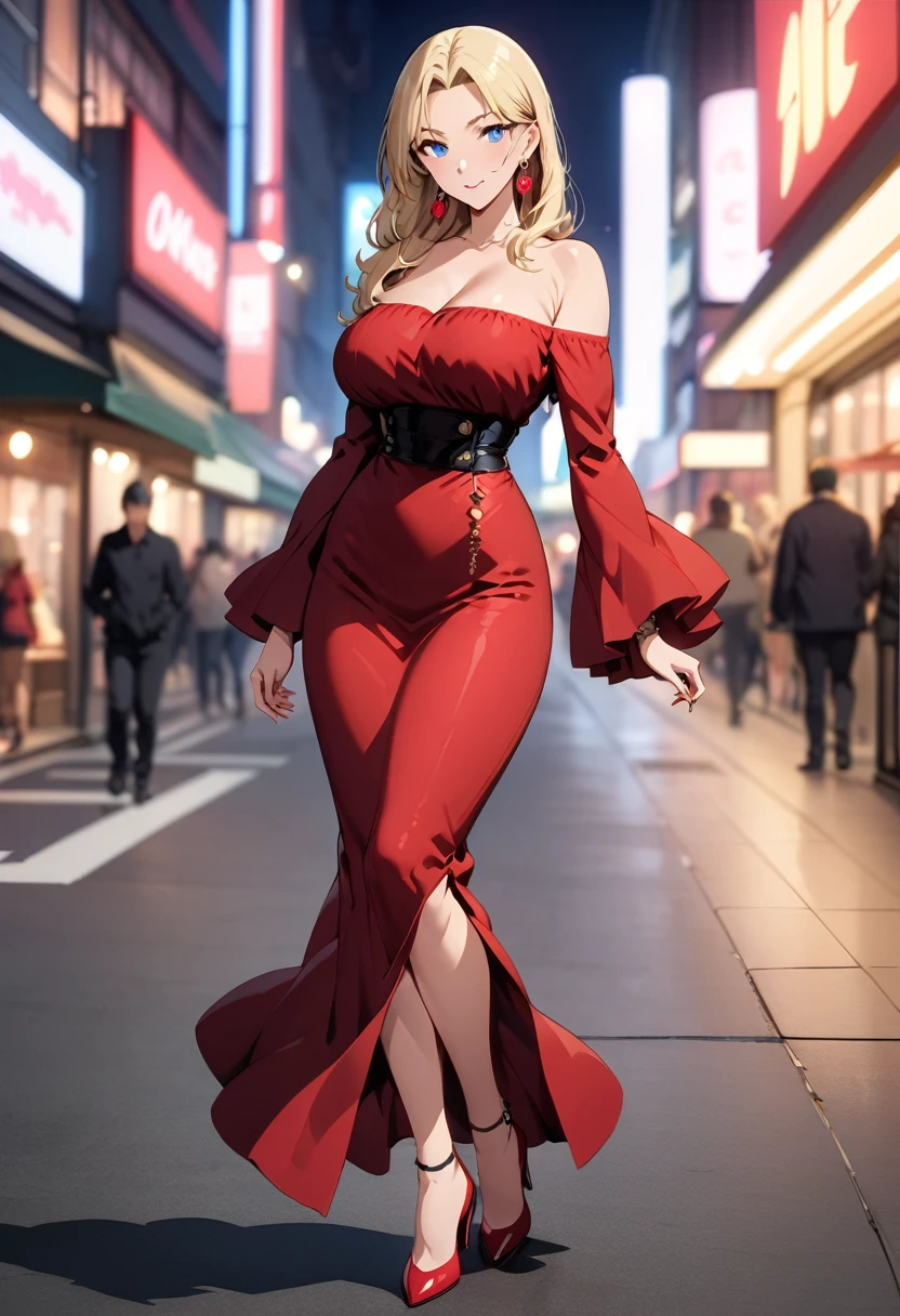 (best quality,Ultra-clear，Depth of Field, high resolution：1.3），individual, Blonde hair, blue eyes, earrings, jewelry, Anime style，full-body shot，（A 36-year-old mature beauty，Charming and sexy，Perfect body，Fashion，Green off-shoulder maxi dress，Wearing red high heels：1.2）