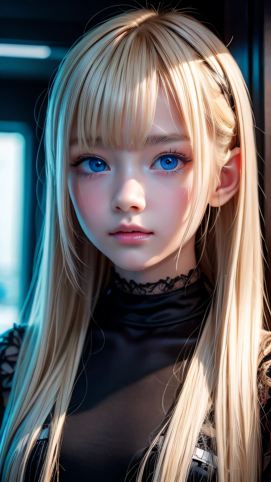 high quality, 最high quality, photo-Realistic, Raw photo, Realistic, ultra Realistic 8k cg, Ultra-detailed, High resolution, masterpiece, 1 Girl, Super long blonde hair, Super long natural platinum blonde hair, bangs over eyes、Very bright blue eyes, Face and eye details, close, Intricate details, Fine texture, In detail,Small Face Girl、16-year-old Nordic beauty