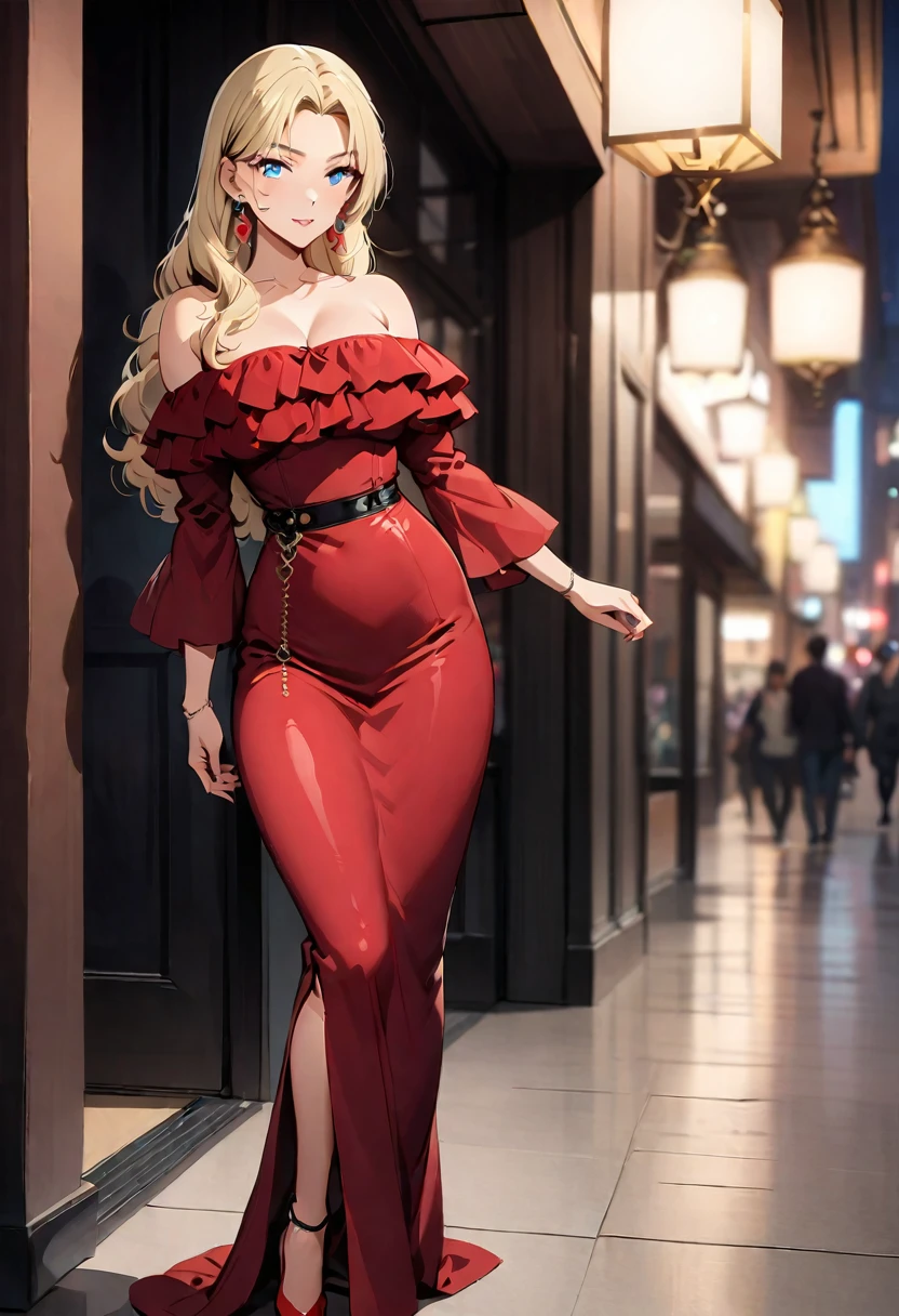 (best quality,Ultra-clear，Depth of Field, high resolution：1.3），individual, blonde, blue eyes, earrings, jewelry, Anime style，full-body shot，（A 38-year-old mature beauty，Charming and sexy，Perfect body，Fashion，Green off-shoulder maxi dress，Wearing red high heels：1.2）