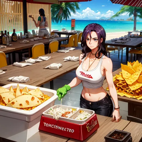 Woman making tacos, tortillas and nachos at a Mexican food stall　Tight tank top and tight hot pants　There are coke, tequila and ...