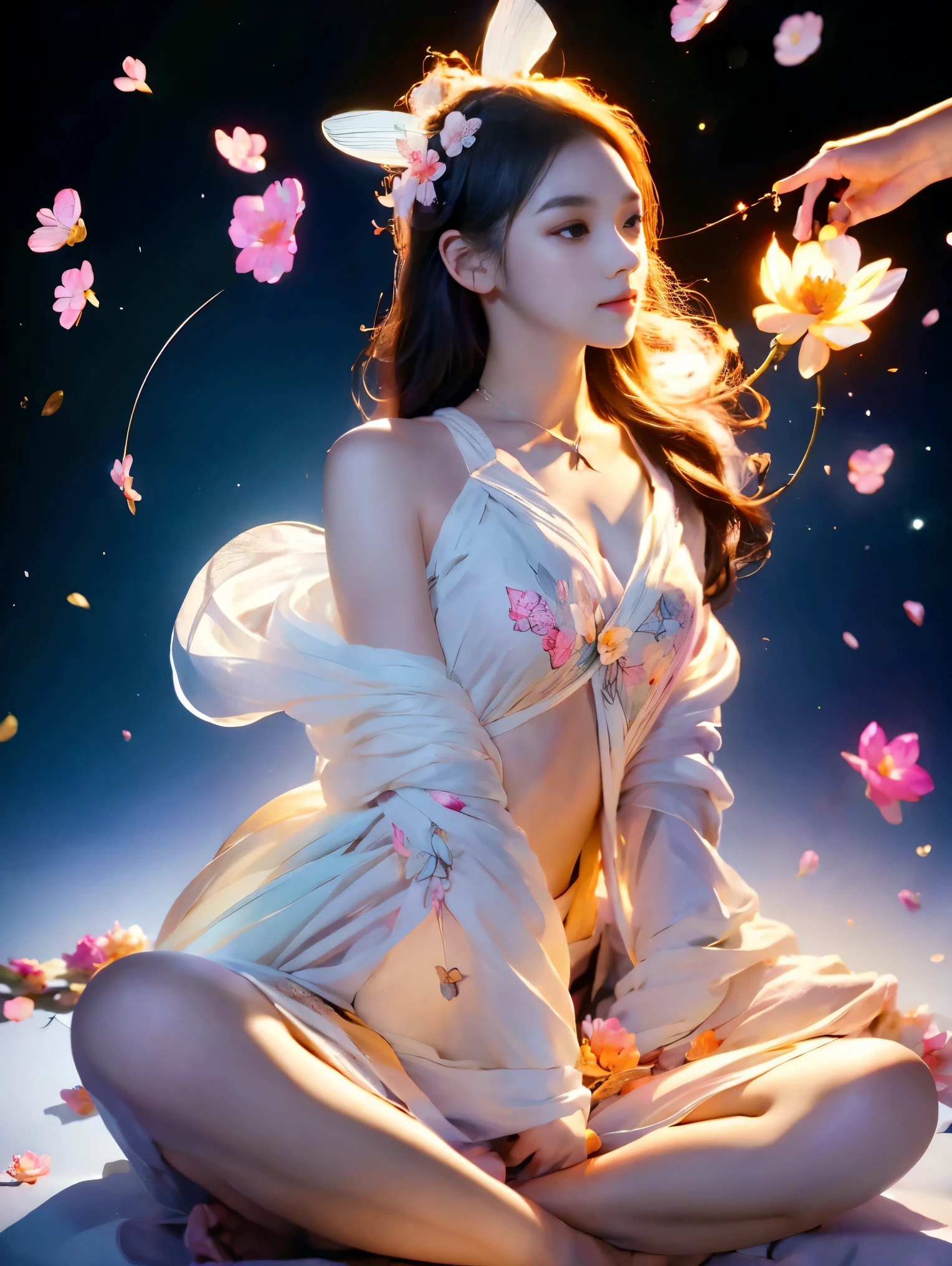 Full body photography of girl in lotus pose，Raw, Filming, (Be focused:1.5), (Reality:1.4), Dusk lighting, Volumetric Lighting, Ultra-high resolution,Dramatic Lighting, White background,（Zentangle，Mandala，dispute，Entanglement), Fox Demon，Fox Mask，Bomber Jacket, Foxfire Curse, fox family, Transformation, Depth of Field, Dreamy atmosphere, The most beautiful chaos, grace, Brutalist Design Dark Theme, Flower of Death, Flowers of ecstasy，glowing line,Glow Example，Tracking example，flash， Backlight，translucent，Light Particles, petal girl