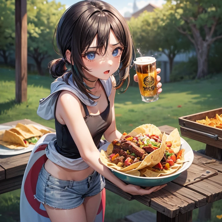 Mexican woman eating tacos, Mexican food stall tortillas and nachos　Under the poncho is a tight tank top and hot pants.　highest quality　Tequila and Corona beer on the table　String Panties