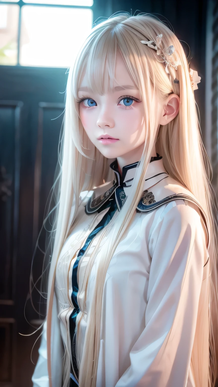 high quality, 最high quality, photo-Realistic, Raw photo, Realistic, ultra Realistic 8k cg, Ultra-detailed, High resolution, masterpiece, 1 Girl, Super long blonde hair, Super long natural platinum blonde hair, bangs over eyes、Very bright blue eyes, Face and eye details, close, Intricate details, Fine texture, In detail,Small Face Girl、16-year-old Nordic beauty