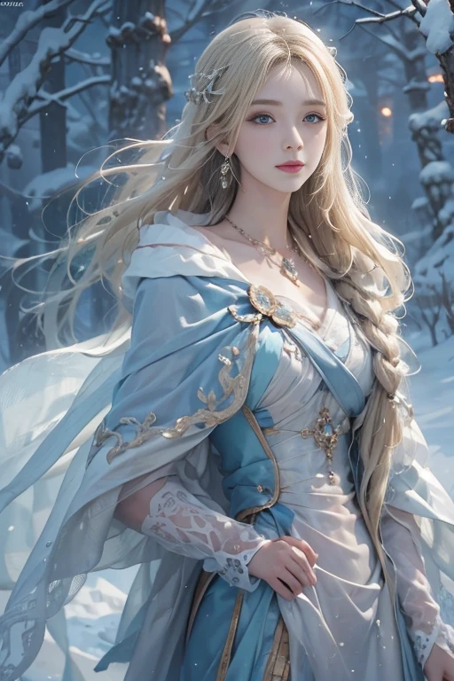 (photorealistic:1.8, highest quality:1.8,8K masterpiece:1.8,High resolution,muste piece:1.8),A 23-year-old woman standing on a snow mountain,fantasy,(transparent dresini skirt,Transparent Shawl、Elegant earrings、choker), beautiful detailed blue eyes:1.7,double eyelid:1.6,beautiful skin:1.8, (looking at the camera:1.2),(Photo seen from below:1.3),(long Hair:1.2,beautiful shining blonde hair:1.5), expression(Impish Smile:1.3,face turns red:1.3),(Moderate chest:1.3),Pause(Seductive pose:1.5),background(snow scene:1.5,snow mountain:1.3,fairyland forest),(slender:1.2),(detailed perfect face),normal hands:1.5,normal finger:1:5,normal feet:1.5,(cameltoe)