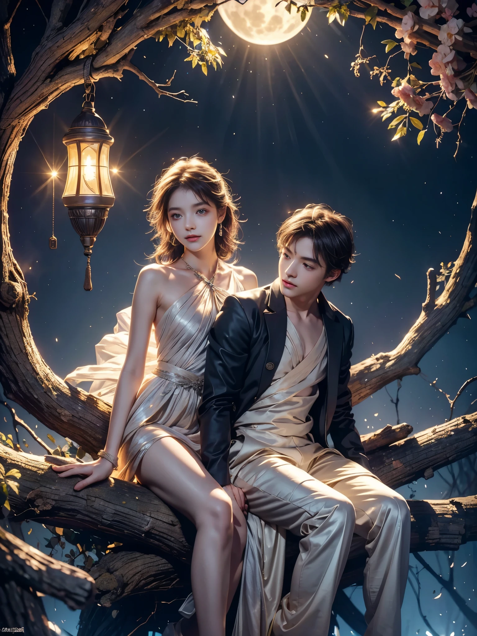 Romantic ancient style，night，Backlight，A man and a woman sitting on a tree branch，There is a full moon behind，Alexander，repeat，Fresh colors，Soft colors，Diode lamp，Concept art style，Extremely complex details，Clear distinction between light and dark，layered，Ultra HD