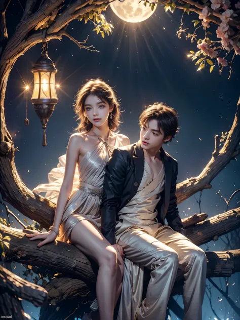 Romantic ancient style，night，Backlight，A man and a woman sitting on a tree branch，There is a full moon behind，Alexander，repeat，F...