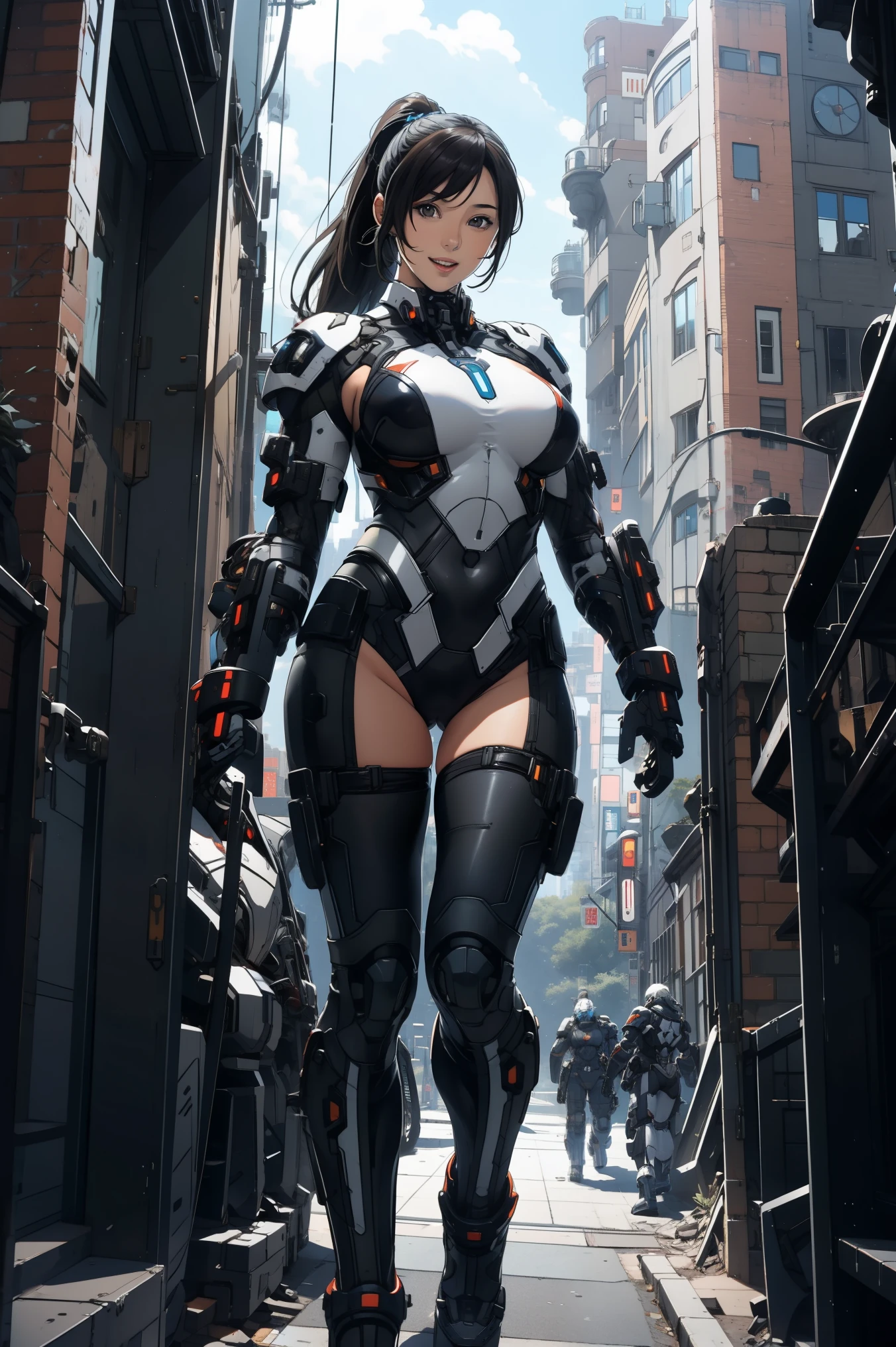 1 girl, black long hair ponytail, huge breast, mecha suit black color  full armor, smiling, arm at the hips, standing , at the centre of city, front view, looking to the viewer,  mouth open wide, fullbody shot, 