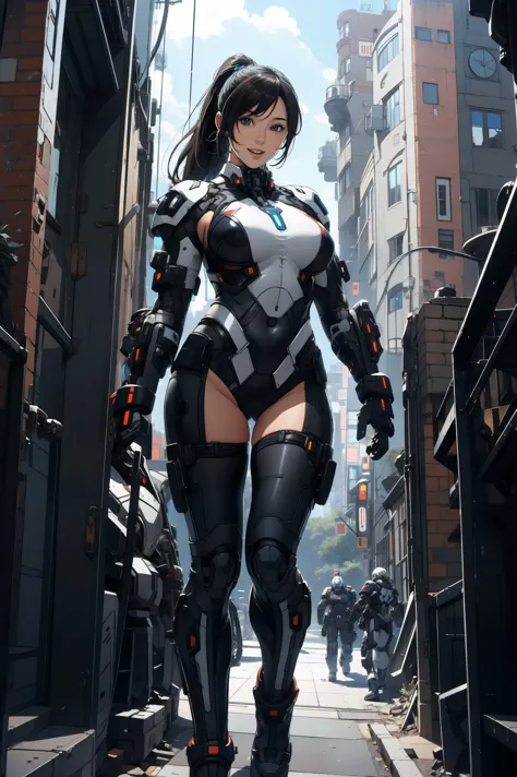 1 girl, black long hair ponytail, huge breast, mecha suit black color  full armor, smiling, arm at the hips, standing , at the c...