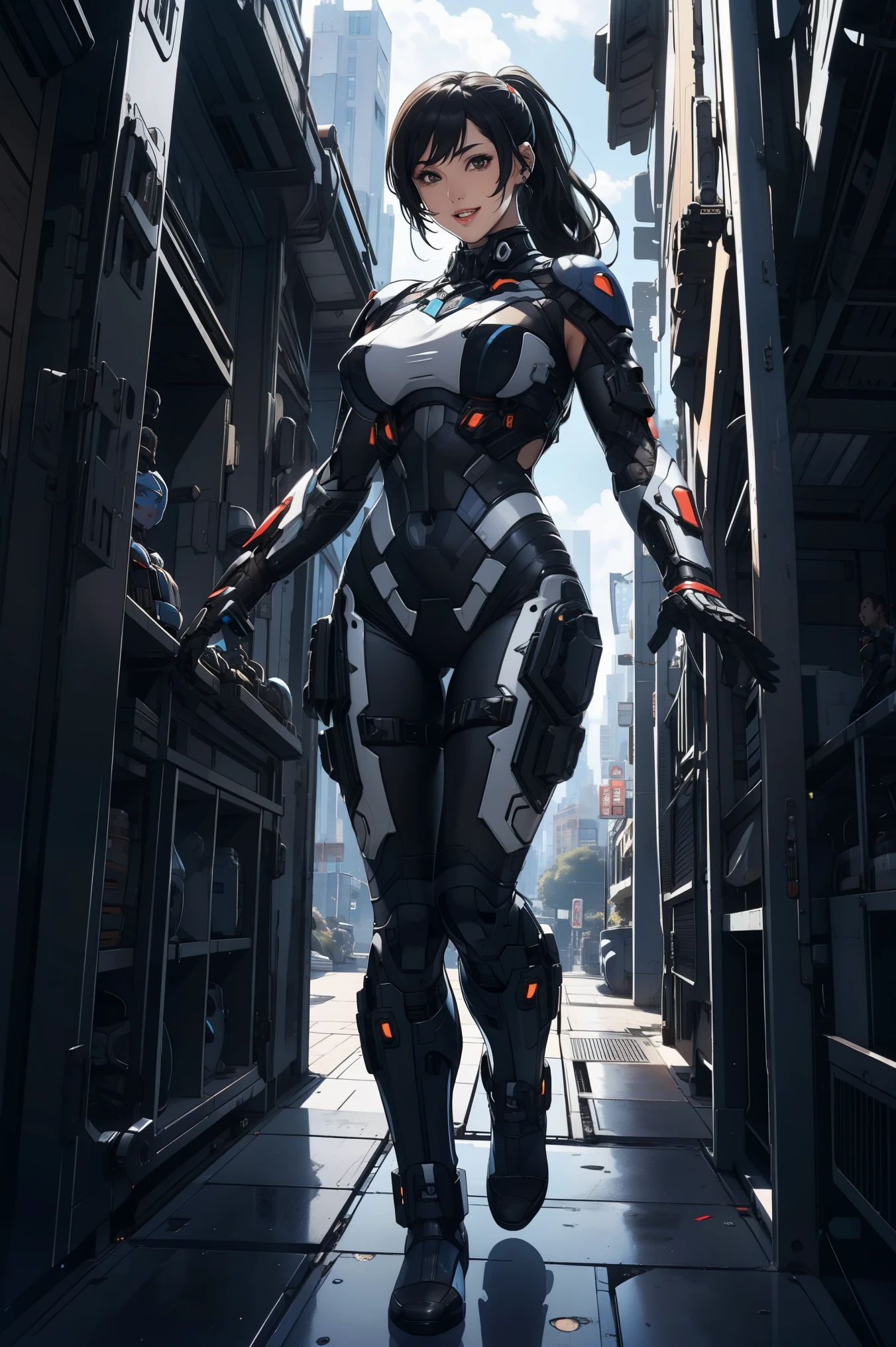 1 girl, black long hair ponytail, huge breast, mecha suit black color  full armor, smiling, arm at the hips, standing , at the centre of city, front view, looking to the viewer,  mouth open wide, fullbody shot, 