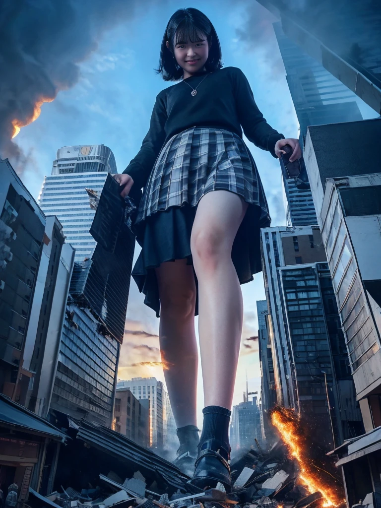 （Giantess Elements、High resolution、high resolution、High quality、Accurate body structure、Detailed body）A towering giant girl, 50,000 feet tall、Looking up at the approaching woman from below、Giantess attacks the city、Cute Women、Destroy a small town淫乱な女性、Destroy a small town、Mischievous look、high school girl、White shirt、Checked Skirt、ribbon、Glowing Skin、Giant Woman、smile、Trampling buildings、rubble、Burning small town、Destroyed small buildings、Collapsed highway、Car being crushed、Residents fleeing、sunset、Burning small town、Advance、walk、Trampling、Anatomically correct、Accurate human body、Accurate skeleton、Full body portrait、Bob Hair、Black Hair、Red eyes、足元に散らばるrubble、Taller than a skyscraper、Great impact、Epic、Giantess Elements、Draw a woman in a big way、Increase the destructive element、Make the city smaller