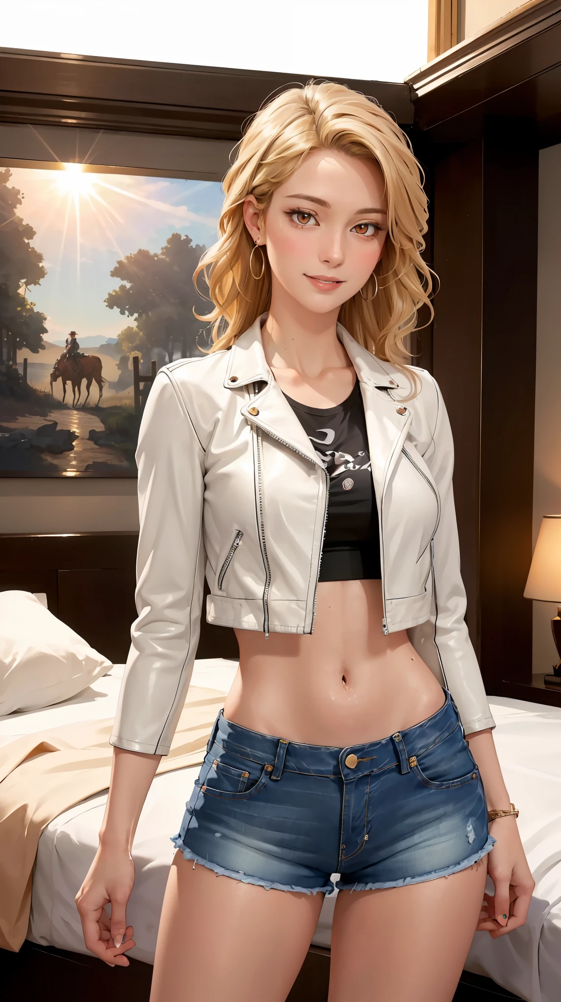 ((((masterpiece, best quality, high resolution)))), Extremely detailed 8K, Beautiful girl with voluptuous body, (Ultra HD, Ultra-detailed, Highly detailed, Highly realistic, Ultra-realistic, photograph realistic), (1girl:1.5), (Realistic blonde hair), (long wavy hair, hair ornaments, earrings), (dynamic poses), facing at camera, looking at viewer, (blushing red, embarrassed, smile), (red eyes, sharp eyes), (large perky breasts:1.2), (beautiful detailed face, beautiful detailed eyes), ((white crop top, leather jacket, jeans shorts)), (arms tattoo), (standing up), sweat, glow, (sunbeam, sunlight), ((cowboy shot)), bedroom, seductive