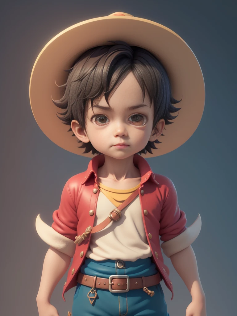 Lovely 3d render, Lovely detailed digital art, male explorer mini Lovely boy, Lovely digital painting, Stylized 3d rendering, Lovely digital art, Lovely render 3d anime boy, Little Pirate Luffy looks up, Lovely! C4D, Portrait Anime Sea Boy, ((He was wearing a red long-sleeved four-button cardigan., A belt is tied around the waist, Blue shorts（With cuffs）, sandals)), ((Standing on a pirate ship)).