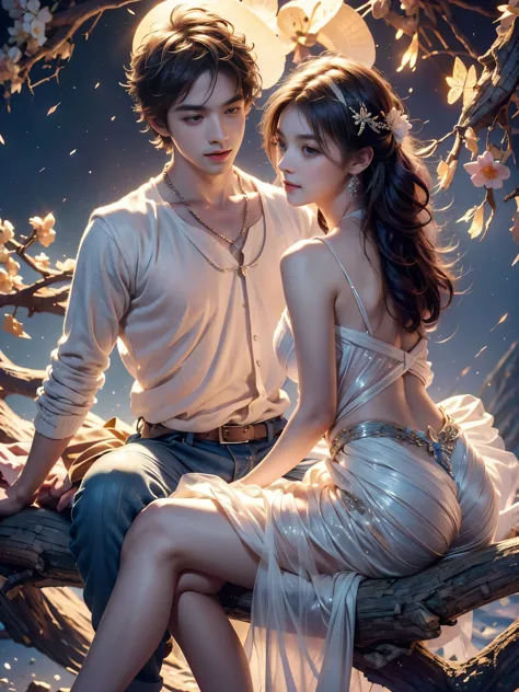 Romantic ancient style，night，Backlight，A man and a woman sitting on a tree branch，There is a full moon behind，Alexander，repeat，F...