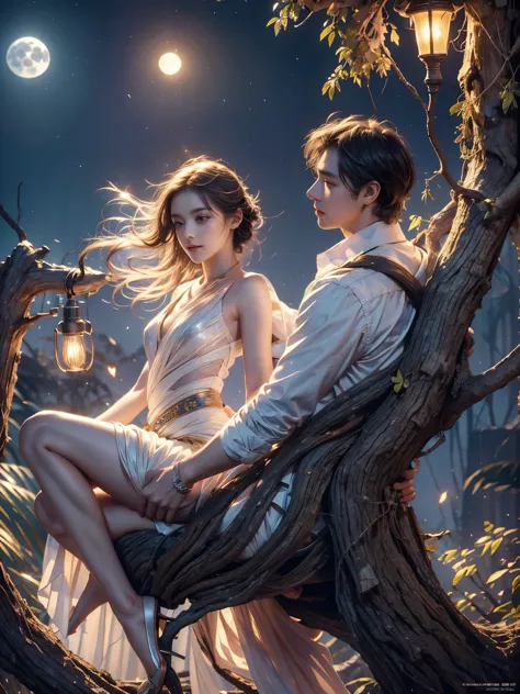 romantic ancient style，night，backlight，a man and a woman sitting on a tree branch，there is a full moon behind，alexander，repeat，f...