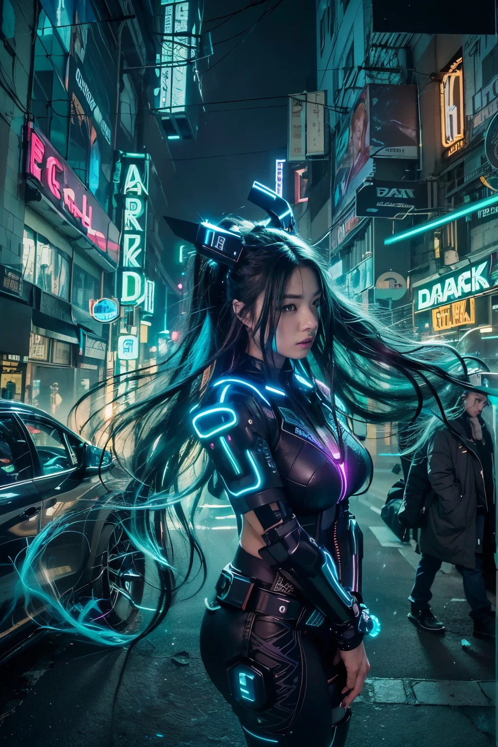 (Long black wavy hair with blue and purple neon lighting:1.2),(Full body photo:1.2) Best image quality, masterpiece, Ultra-high resolution, (Faithfulness), ((Cyberpunk characters)), Japanese women, Very beautiful face, Skinny, Small breasts,  Cyber Costume, Futuristic, ((Award-winning, ultra-realistic photography))，(Hyper Detail），(Intricate details），(Ultra-Realistic Rendering), LED Light, Atmospheric lighting, Illuminated by neon lights, (Dark city night、Black Background:1.4)