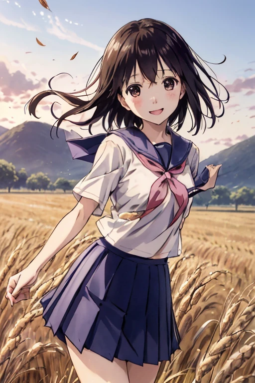 nakahara_misaki、a sailor suit、White blouse、Pink tie、Dark blue pleated skirt、Wheat field、、、The best smile、is standing、（Panties are visible）、（Fluttering skirt）、a miniskirt、fantastic landscape、strong breeze