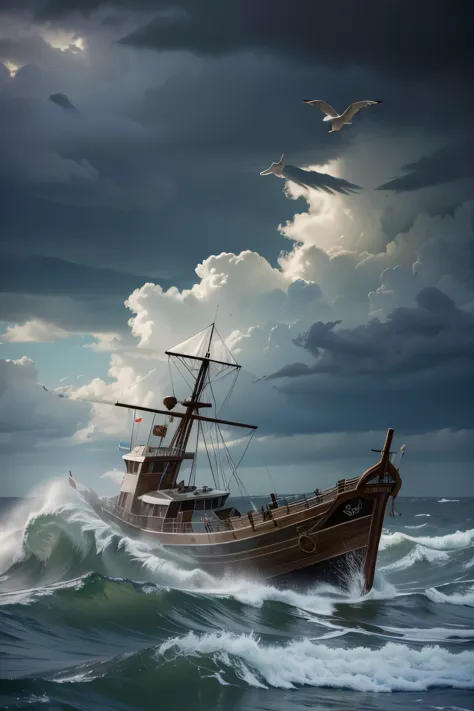 RAW, Best quality, high resolution, masterpiece: 1.3), The ark amidst high rolling waves during a fierce storm on a raging sea, ...