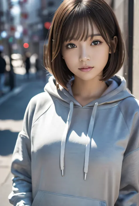 (((city:1.3, Outdoor, Photographed from the front))), ((Medium Bob:1.3,hoodie,Japanese women,cute)), (clean, Natural Makeup), (h...