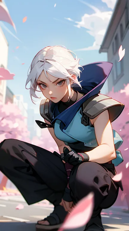 in a cool pose on the street with cherry petals, fluttering in the wind, 1girl,jett,asian face,white hair,short hair,black glove...