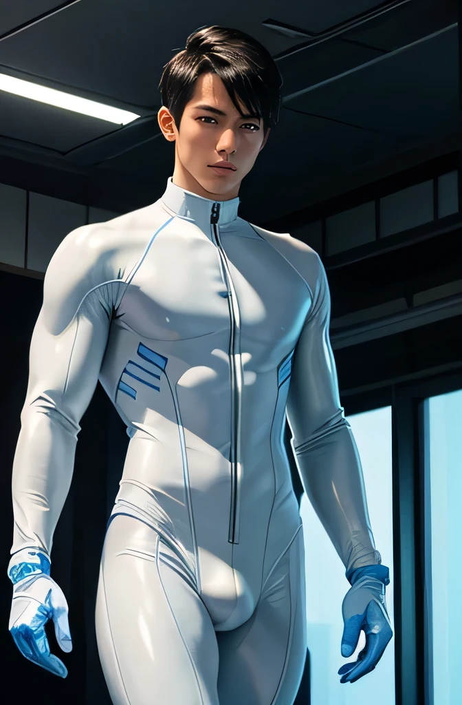 Handsome　A refreshing 22-year-old male Japanese model　Short black hair cut　Short Hair　A tight rubber suit that is all white with a touch of blue　Compression suit full body 　White gloves　Male slim muscular man　Big Moccoli　Photo looking down　Realistic images　Powerful pose　Future World　Various instruments　Walk towards the camera　Science fiction
