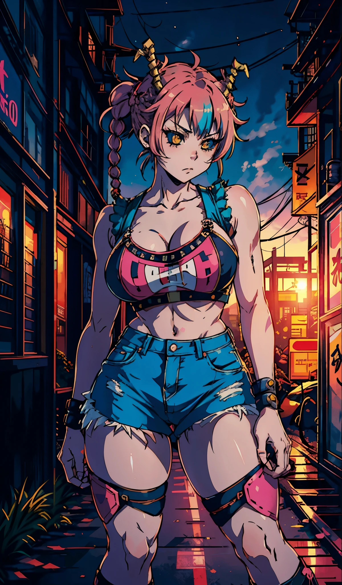 kyotopunk, cyberpunk, anime style, 1girl, woman, punk bad girl, cameltoe, [:wild, seductive costume design,:0.2], bombshell punk hair, neon sunset hair, U-cut, denim skirt, bombshell hair, neon crimson hair, french braids,Tri-Braided Bun, thick thighs, narrow waist, japanese