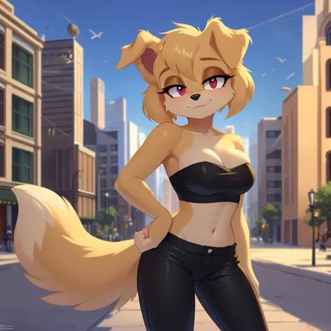 mobian female (golden retriever), ((masterpiece)), cute, attractive, ( wearing a strapless crop top:1.3), (wearing a black pants...