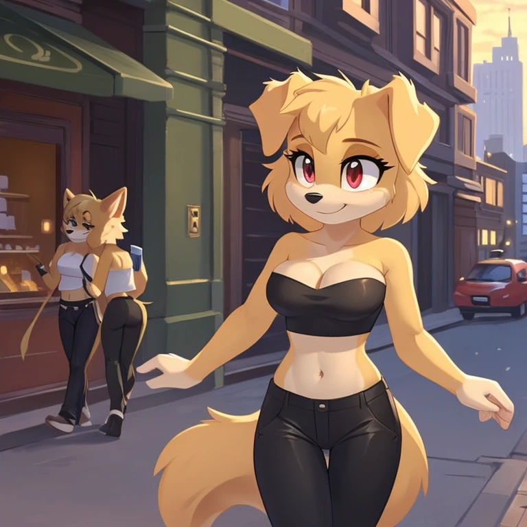 mobian female (golden retriever), ((masterpiece)), cute, attractive, ( wearing a strapless crop top:1.3), (wearing a black pants:1.5), medium breasts, cleavage, (correct proportions), (royal golden body fur:1.5), ( golden belly fur:1.1), (hair (royal golden color)):1.5, medium fluffy hair, (crystal red eyes):1.3, (dog tail):1.2, (dog ears):1.2, (city:1.5)