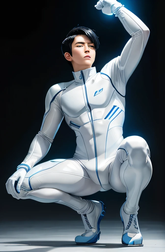 A bold and refreshing 22-year-old Japanese man　Short black hair cut　Short hair man　Powerful pose　Future World　Various instruments　Science fiction　A tight rubber suit that is all white with blue accents　Compression suit full body 　White gloves　 　Texture　Big Moccoli　Looking up from your feet　Standing on one knee in front, facing the camera　Realistic images