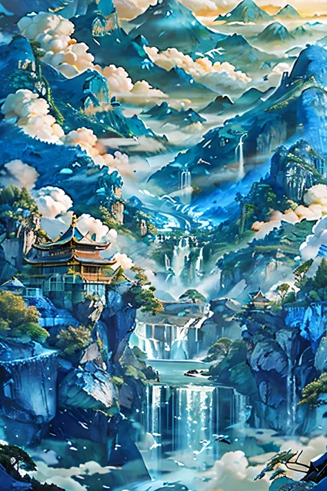 (blue theme:1.3), scenery, tree, water, architecture, mountain, cloud, bird, nature, masterpiece, best qualitylandscape