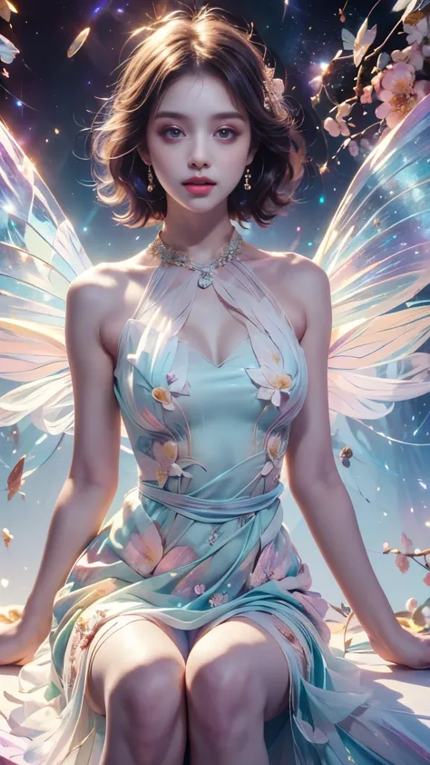 4k ultra high definition, masterpiece, a girl, good face, delicate eyes, delicate lips, flower fairy girl, big wings, transparen...