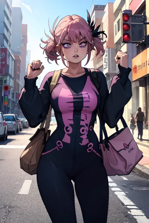 A pink haired woman with violet eyes and an hourglass figure in a is running with a bag in her hand