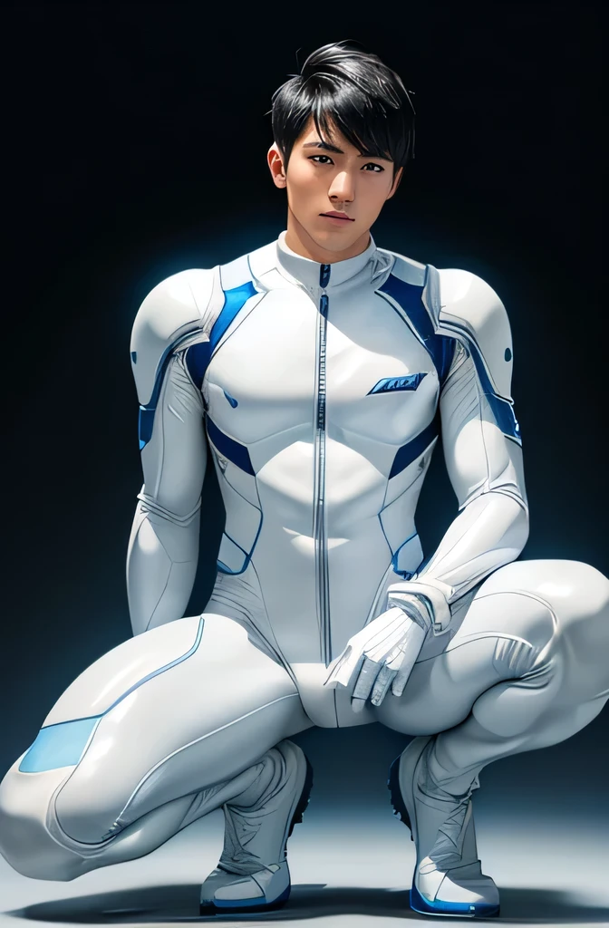 A handsome and refreshing 22-year-old Japanese man　Short black hair cut　Short hair man　Powerful pose　Future World　Various instruments　　Science fiction　A tight rubber suit that is all white with blue accents　Compression suit full body 　White gloves　 　Texture　Big Moccoli　A photo taken looking up from a squatting position, looking directly at the camera　Realistic images