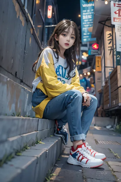 one girl，japanese, 14 years old, wearing a colorful long sleeve shirt，(((bottom view))),athletic sneakers，low-rise denim pants, ...