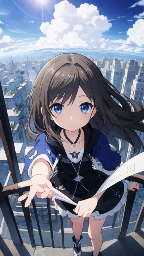 Absurd, High resolution, (Anime Style:1.1), ((Tabletop)), ((highest quality)), (Very detailed), (beautiful), alone, beautiful face、(lift)、The view from the top of a skyscraper close to the atmosphere is lovely.,Wind,((Thin black colorful long hair)),, blue eyes,Lens flare,dramatic,Detailed Ancient City、A skirt fluttering in the wind、Clouds looking down、(Finely fluttering black here:1.4),((Kingdom Hearts 4)),((Shibuya Ward))1.5,