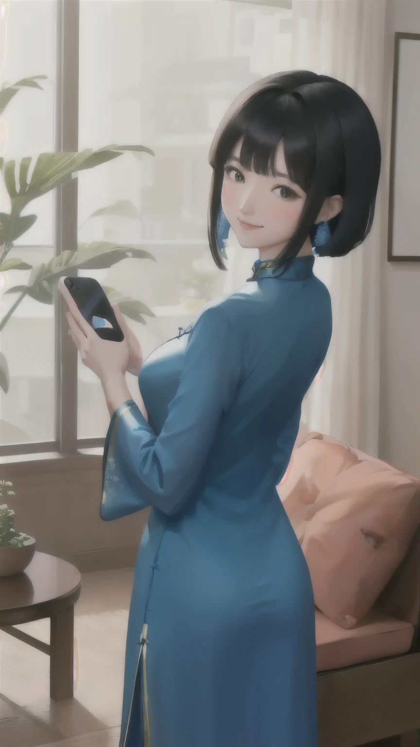 1 Woman Standing, ((Have a smartphone) In front of the face:1.2), (Selfie), (Deep Blue Cheongsam), Mature Woman, /(Black Hair/) bangs, Blushing Smile, (Masterpiece of the highest quality:1.2) Delicate illustrations, super detailed, Big Break (Back of smartphone), Camera lens break (Modern house living room) indoor