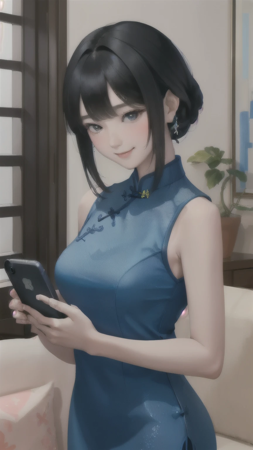 1 Woman Standing, ((Have a smartphone) In front of the face:1.2), (Selfie), (Deep Blue Cheongsam), Mature Woman, /(Black Hair/) bangs, Blushing Smile, (Masterpiece of the highest quality:1.2) Delicate illustrations, super detailed, Big Break (Back of smartphone), Camera lens break (Modern house living room) indoor