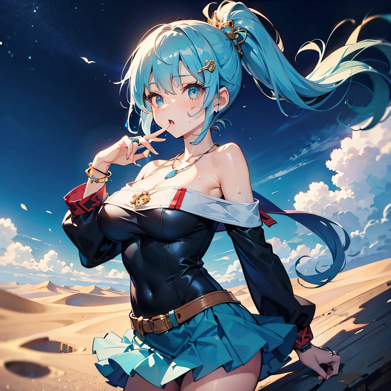 Anime Moe Art Style,highest quality,High resolution,Anatomically correct,One Girl,Mid-teens,A girl with light blue hair in a ponytail,Super detailed,Fantasy-style world,off shoulder tops,mini skirt,Big Breasts,Hot look,Breathing with mouth open,A rich expression,In the middle of the desert,Sweating,Eyes drawn in detail,hair ornaments,necklace,bracelet,ring,8K