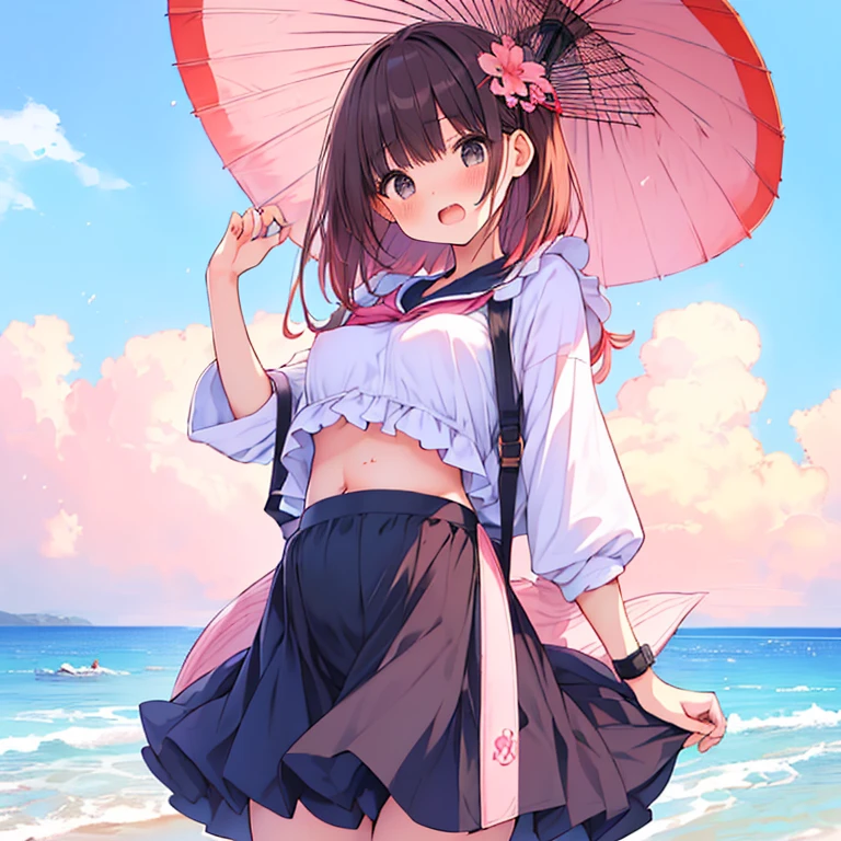 ((日本人のgirl1人、aldult)), ( small)), Black Hair、Brown Hair、masterpiece, 最high quality, high quality, Highly detailed 8K wallpapers,Beach parasol、Pink Hair、Tropics、Extreme heat、Heavy breathing、breathe、Sweat、Head ornament、cute girls、Cute Maid、Bold Pose、(Open your mouth、Small double tooth)、Big nipples、Waiting for orders、No fixes、Wave、(girl、classmate、Squid Belly、Wearing pink)、（No underwear）、Beautiful flat breasts、（激しいSweat）、(Saliva volume:1.4）、(Elementary school girl、Cute belly、Before menarche、Bloated belly、Cute Pants）、（stroking the stomach:2）、(A comfortable face、Beautiful Face）、（serving）、（Trembling in the lower back:2）、Life-size、In front of the camera、Walk with your feet together