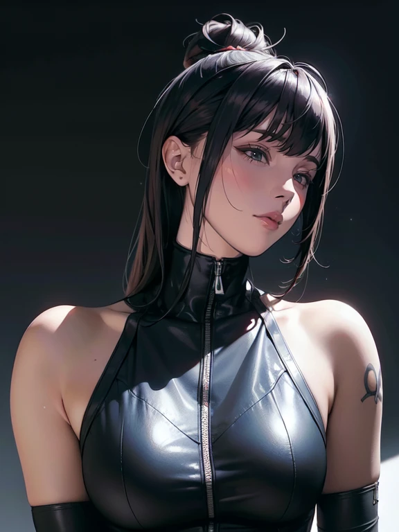 (masterpiece, highest quality, 8k, Sharp focus, Depth of written boundary, Best Shadow, Perfect lighting, High resolution, Realistic skin texture, Highly detailed background), Anime Style, Long Angle Shot, ((Cyberpunk Theme)), alone, 1 female, She&#39;s a mercenary, (Green Eyes, White skin, Black hair ponytail, choker, Small breasts, slim, compensate, eyeliner, Gloss), She works in a futuristic Korean city., Gripping the Tech Katana firmly, night, null, Waning Moon, Wearing a nice technical jacket and leather pants.