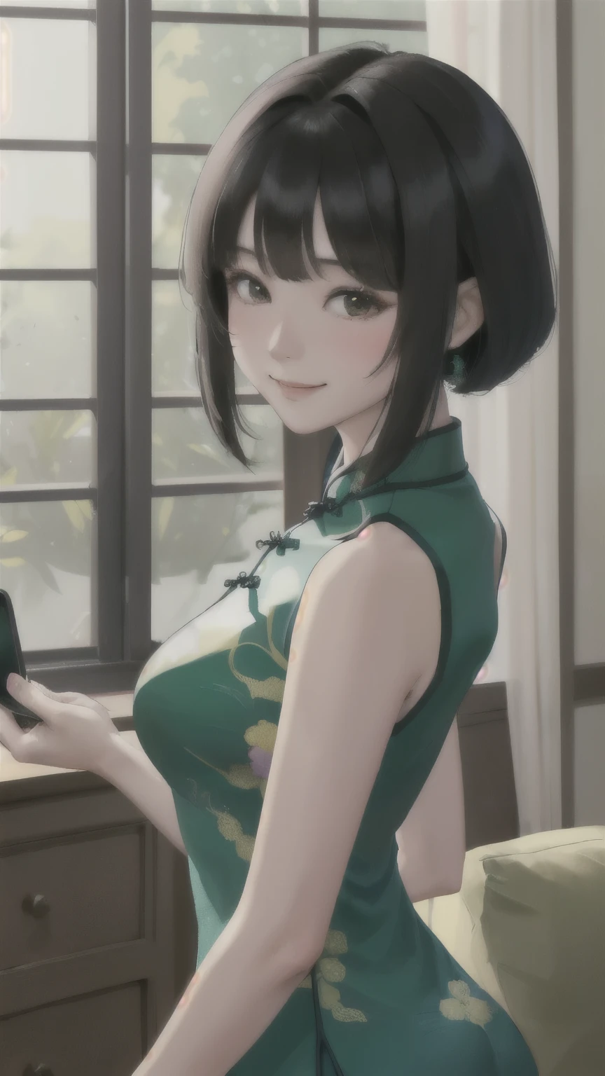 1 Woman Standing, ((Have a smartphone) In front of the face:1.2), (Selfie), (Deep Green Cheongsam), Mature Woman, /(Black Hair/) bangs, Blushing Smile, (Masterpiece of the highest quality:1.2) Delicate illustrations, super detailed, Big Break (Back of smartphone), Camera lens break (Modern house living room) indoor