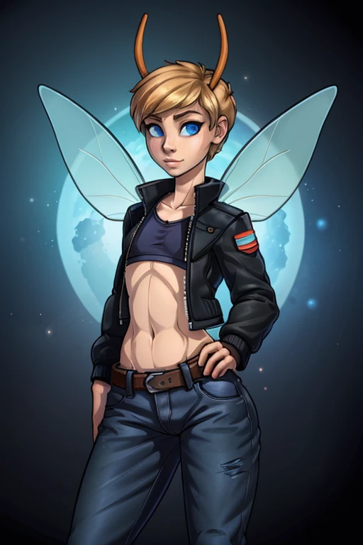 (Tomboy Fairy), Tomboy, pretty face, human nose, space station background, thin body, slim, fit, long moth antennas, dark blonde hair, tomboy pixie cut, blue eyes, flat chested, adjatha, utility belt, cropped jacket, black tanktop, jean pants, SFW, blue insect wings
