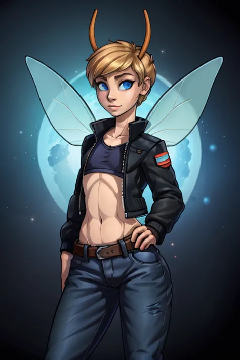 (Tomboy Fairy), Tomboy, pretty face, human nose, space station background, thin body, slim, fit, long moth antennas, dark blonde...